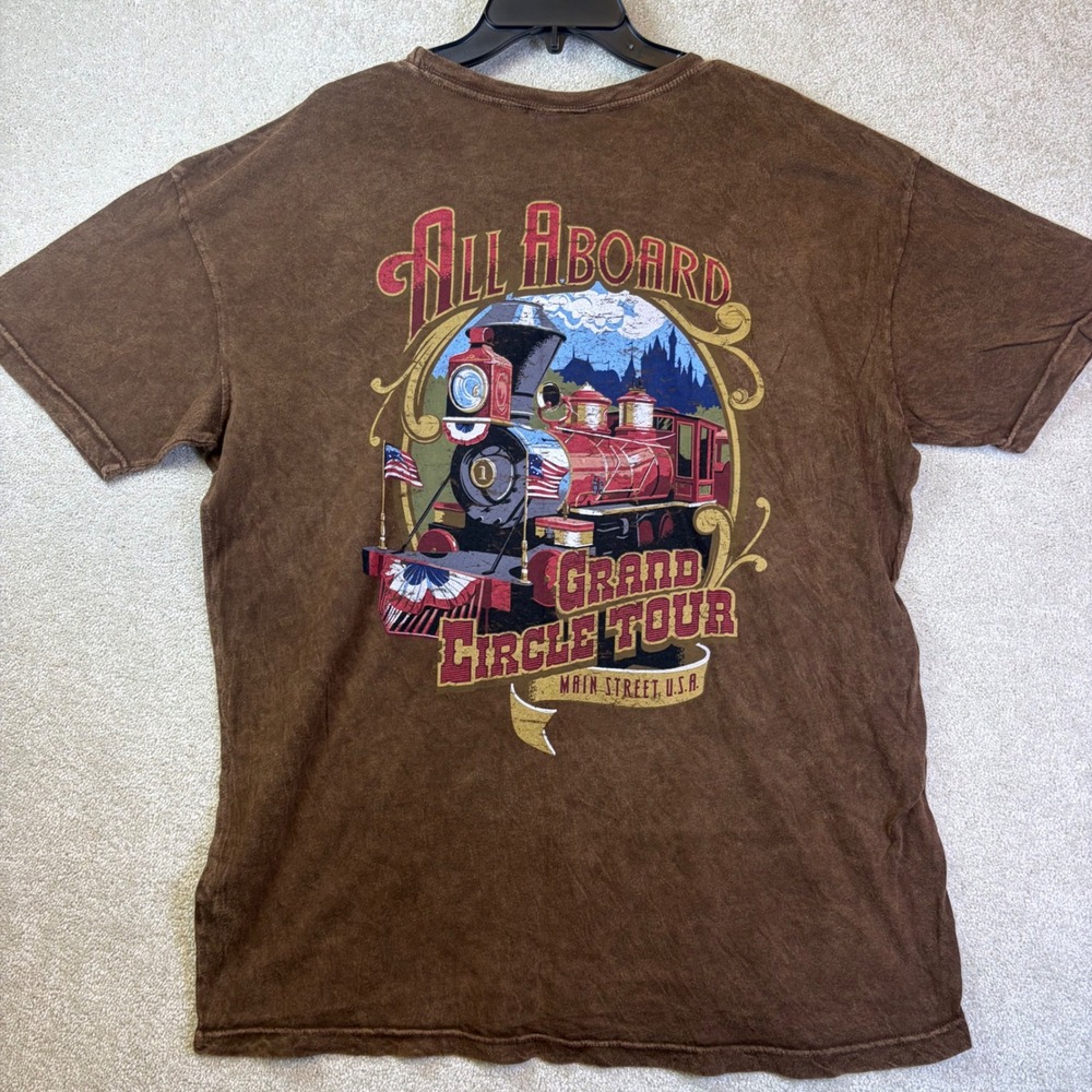 Disney Parks T Shirt Mens XL Brown All Aboard Grand Circle Tour Train Retro Tee